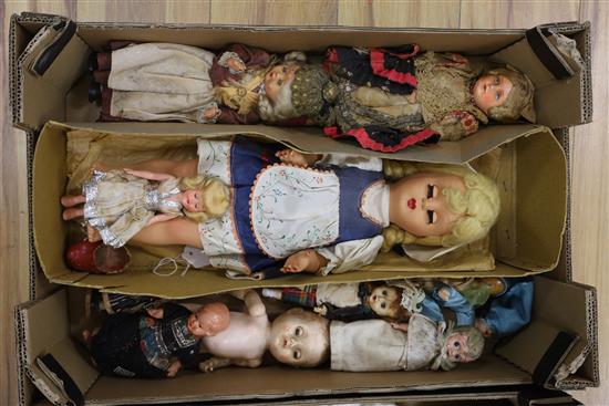 Eleven 1930s-40s dolls, some celluloid and a Christmas Fairy , 2 other dolls and one artists model.